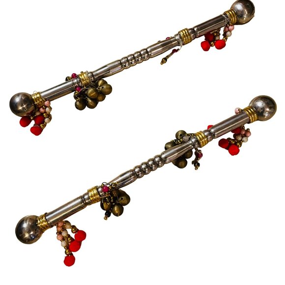 Antique Indian Silver Plated Brass Handcrafted Pair Of Dandiya Sticks With Bells - Picture 1 of 9